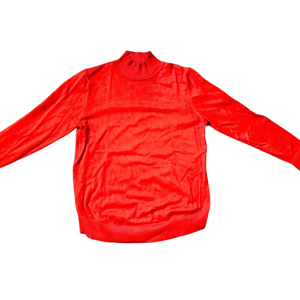 Vibrant Poppy Red Mock Neck Sweater | Button Cuff Viscose Blend Knit | Size M
